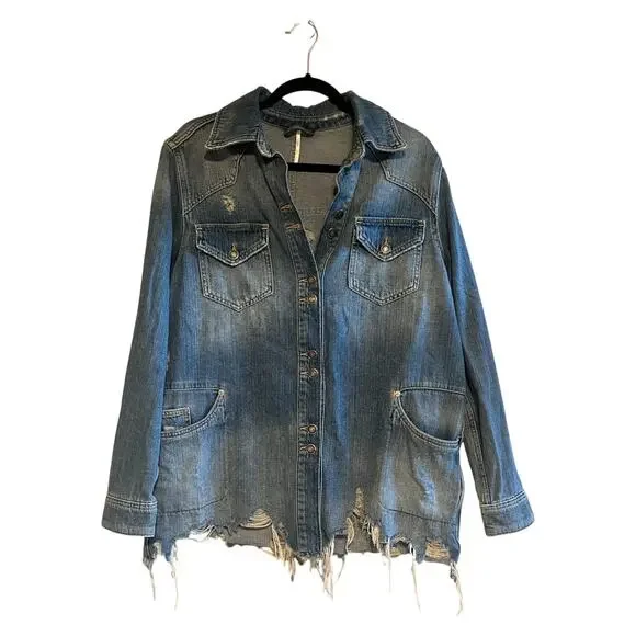 Free People FP Moonchild Distressed Denim Shirt Jacket Blue Size Small - Picture 2 of 9